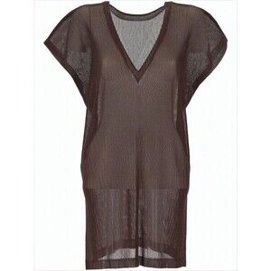 Pleats Please Semi-Sheer Brown Top With Deep V-Neckline - NWT